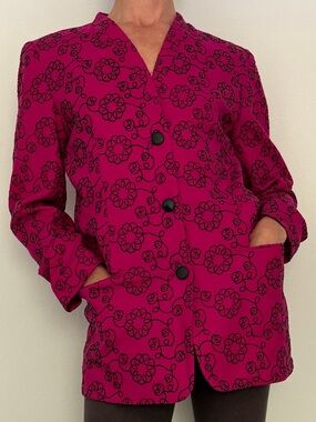 Saks Fifth Avenue The Works Vintage 100% Wool Magenta Embroidered Button Jacket